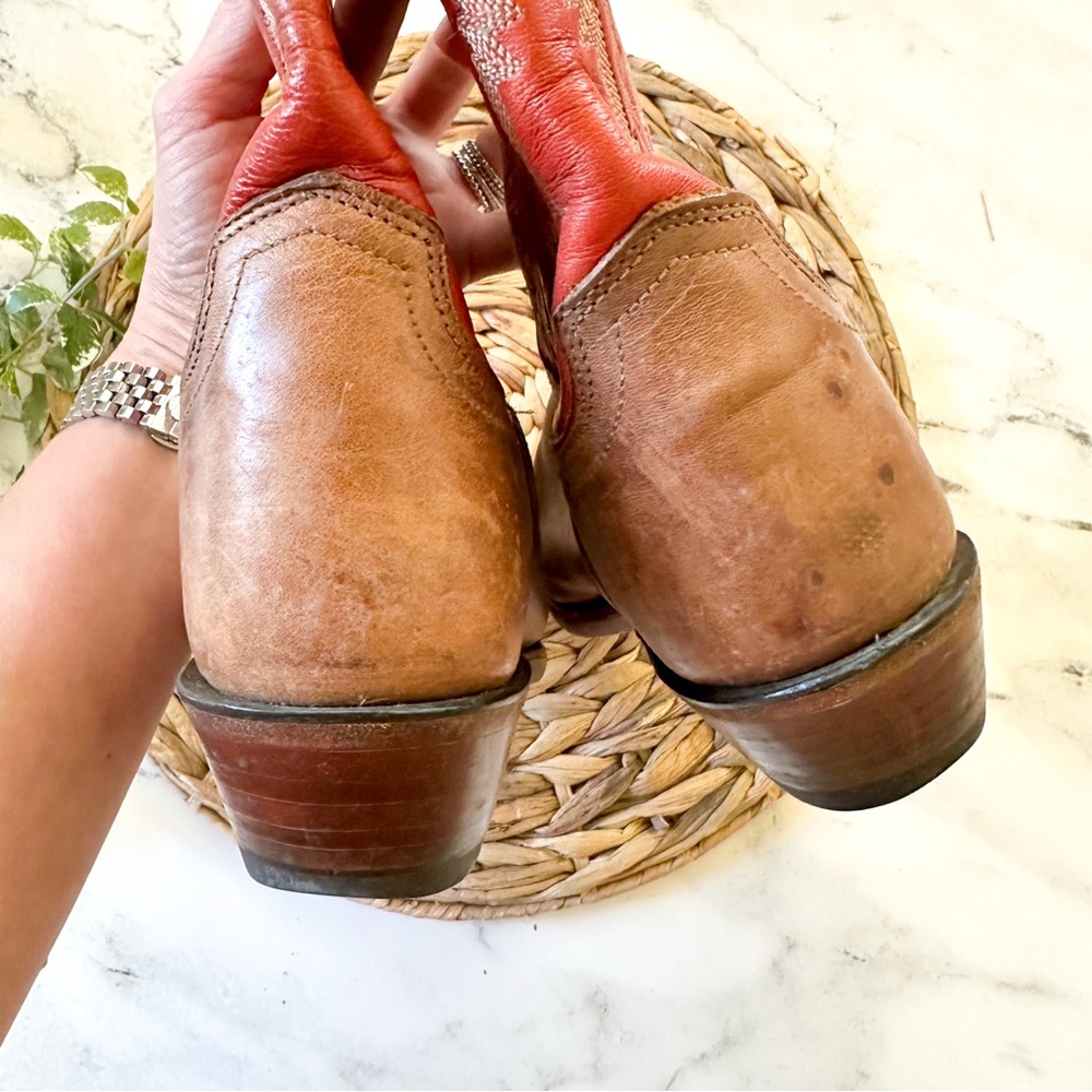 Lucchese 1883 Vintage Womens Laurel Tan & Red Scalloped Cowboy Boots - Picture 8 of 11